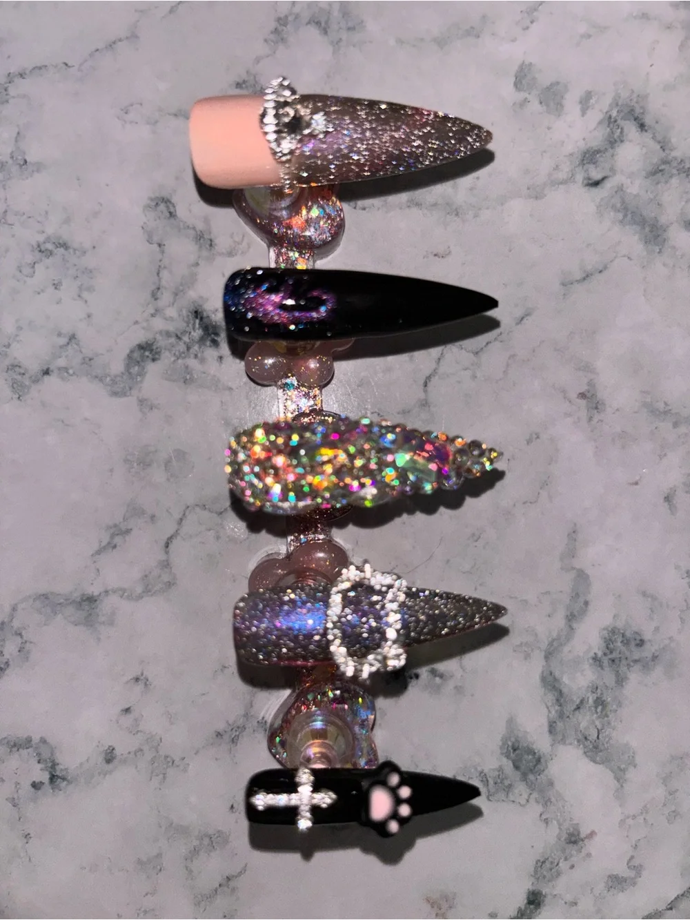 Stylish Women's Press-On Nail Set in Pink, Black & Holographic - Unbranded